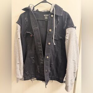 Hot Topic Distressed Black Denim Jacket with Gray Hoodie Sleeves